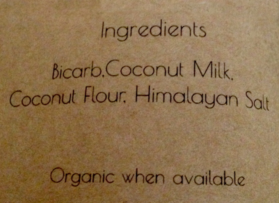 Ingredients label showing Bicarb, Coconut Milk, Coconut Flour, salt