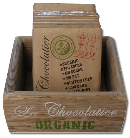 Le Choclatier packaging showing 70% Cocoa and No Sugar